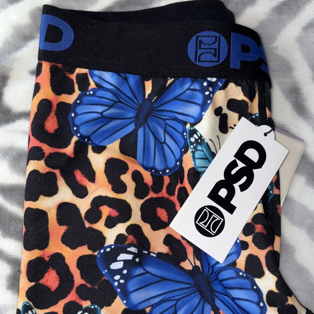 PSD womens Leopard Print Leggings with Blue Butterflies - Picture 2 of 5